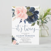 Rosa blaue Blütenblume Twins Babydusche Einladung (Stehend Vorderseite)