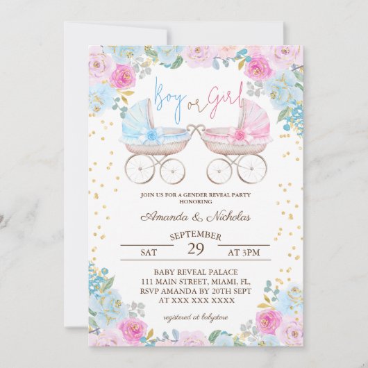 Rosa blaue Blütentierdarstellung bei Jungen oder M Einladung (Vorderseite)