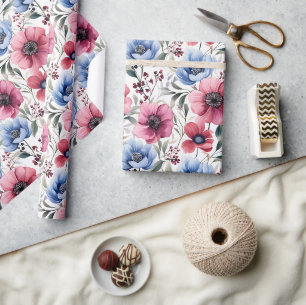 Rosa blaue botanische Blüten Geschenkpapier