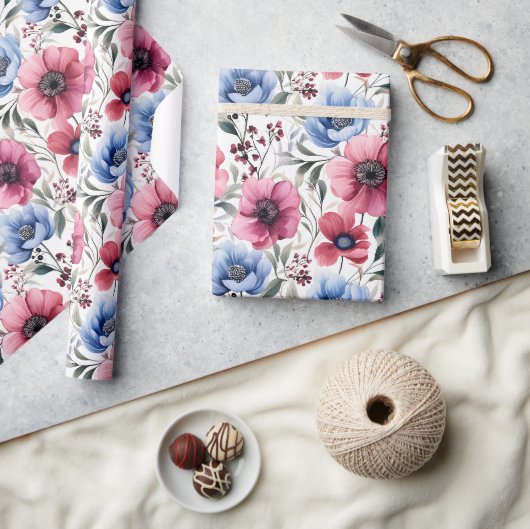 Rosa blaue botanische Blüten Geschenkpapier (Kunsthandwerk)