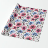 Rosa blaue botanische Blüten Geschenkpapier (Ungerollt)
