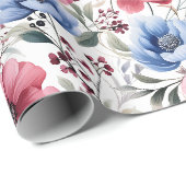 Rosa blaue botanische Blüten Geschenkpapier (Rolleneckpunkt)