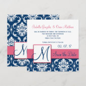 Rosa blaue Damaske Monogram Save the Date (Vorne/Hinten)