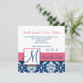 Rosa blaue Damaske Monogram Save the Date (Stehend Vorderseite)