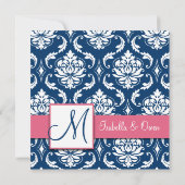 Rosa blaue Damaske Monogram Save the Date (Rückseite)