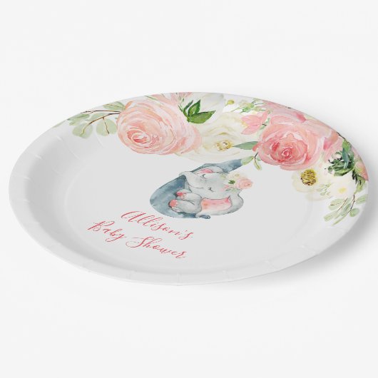 Rosa blaue Elefantendusche Pappteller (Schrägansicht)