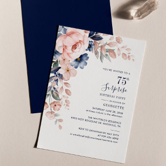 Rosa blaue Flora 75. Geburtstagsparty Einladung