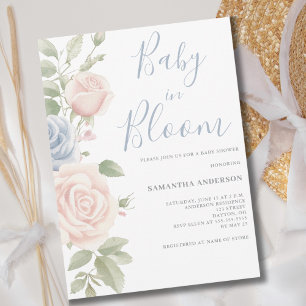 Rosa blaue florale Babyshower in Blüte Einladung
