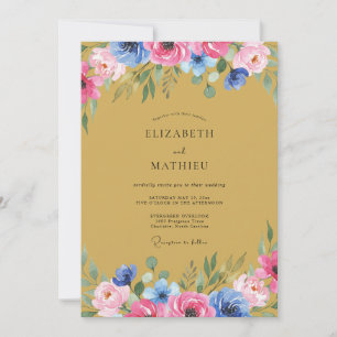 Rosa blaue florale Hochzeit Einladung