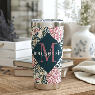 Rosa Blaue Florale William Morris Elegante Monogra Thermobecher