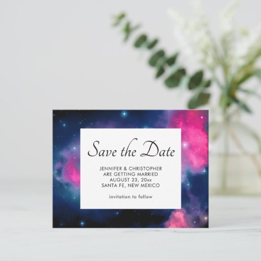 Rosa & blaue Galaxie & Sterne Save the Date Abstra Postkarte (Stehend Vorderseite)