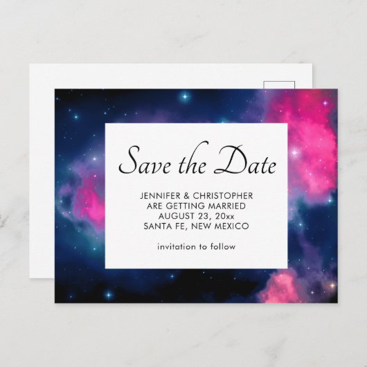 Rosa & blaue Galaxie & Sterne Save the Date Abstra Postkarte (Vorne/Hinten)