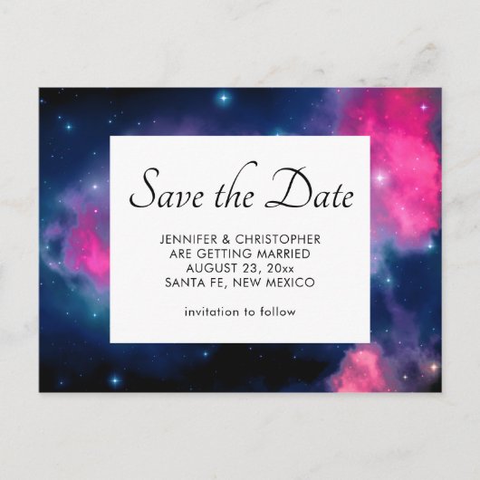 Rosa & blaue Galaxie & Sterne Save the Date Abstra Postkarte (Vorderseite)