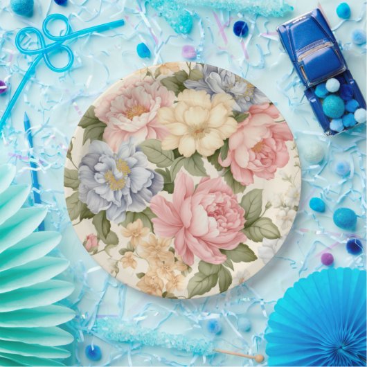 Rosa blaue gelbe Blumen Papierplatte Pappteller (Party)