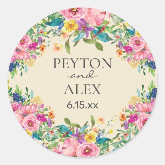 Rosa blaue gelbe Blumenbräune Hochzeit Runder Aufkleber (Vorderseite)