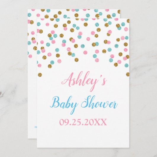 Rosa blaue goldene Konfetti Geschlecht neutrale Ba Einladung (Vorne/Hinten)