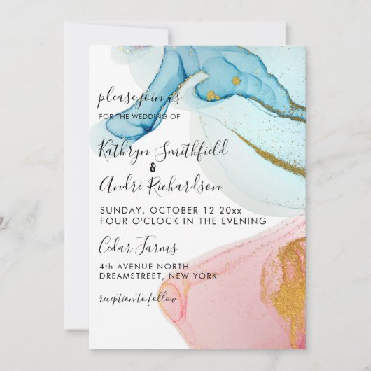 Rosa blaue goldene Wasserfarben Einladung zur Hoch (Vorderseite)