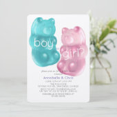 Rosa & blaue Gummy Bärensprinkles Geschlechtsverke Einladung (Stehend Vorderseite)