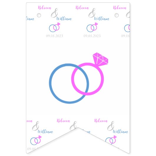 Rosa, blaue Hochzeitsringe Miss zu Mrs. Brautparty Wimpelkette (Zweite Fahne)