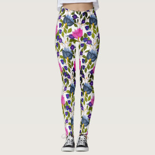 Rosa blaue, Lila grüne Blume und schwungweiß Leggings