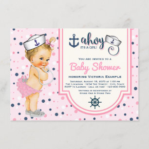 Rosa Blaue Marine Baby-Party Einladung