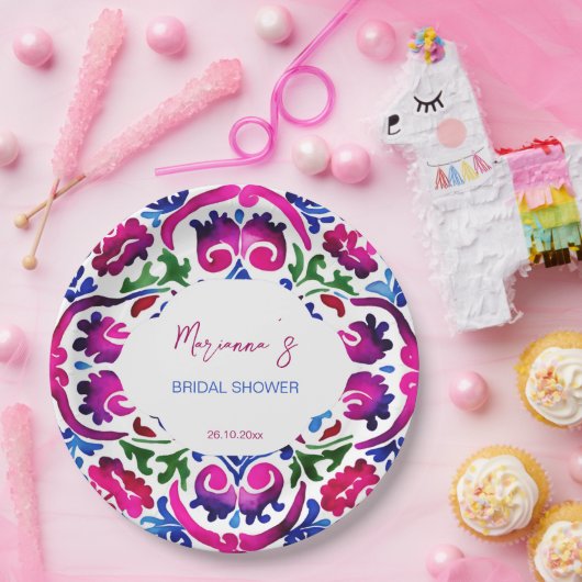 Rosa blaue mexikanische Fliesen - Brautparty Pappteller (Party)