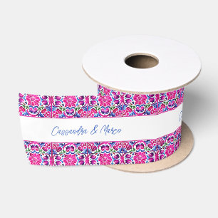 Rosa blaue mexikanische Fliesen - personalisiertes Satinband
