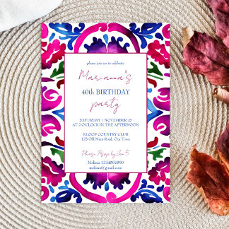 Rosa blaue mexikanische Talavera-Fliesen Geburtsta Einladung