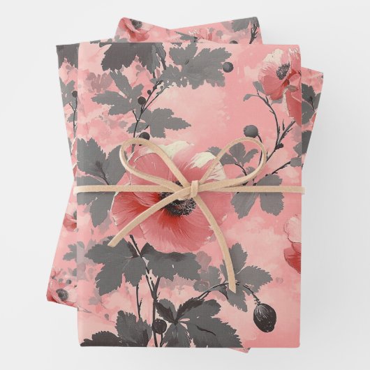 Rosa, blaue Mohnstruktur Blume Geschenkpapier Set (Beispiel)