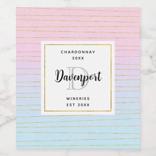 Rosa blaue Ombre mit dünnen goldenen Linien Weinku Weinetikett (Einzelnes Label)