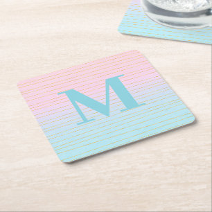 Rosa blaue Ombre mit Goldlinien Monogram Rechteckiger Pappuntersetzer