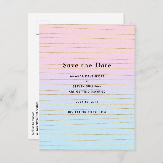 Rosa blaue Pastellfarben Gradient mit goldenen Lin Ankündigungspostkarte (Vorne/Hinten)