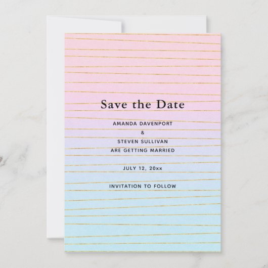 Rosa blaue Pastellfarben Gradient mit goldenen Lin Save The Date (Vorderseite)