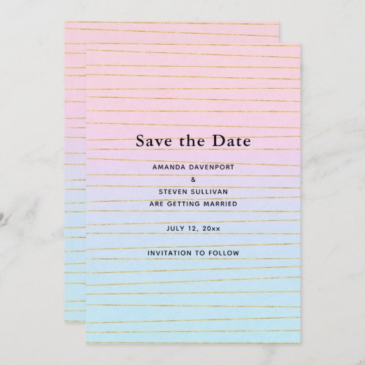 Rosa blaue Pastellfarben Gradient mit goldenen Lin Save The Date (Vorne/Hinten)