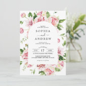 Rosa-blaue Peonies-Blume Einladung Hochzeit (Stehend Vorderseite)