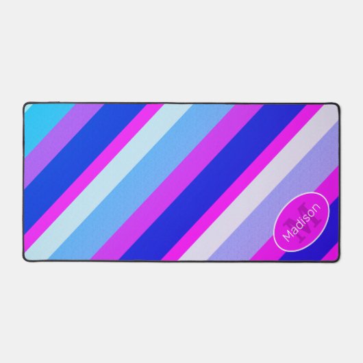 Rosa blaue retrogeometrische Linien Monogramm Schreibtischunterlage (Vorderseite)