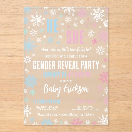 Rosa blaue Schneeflocke, die er oder sie Winter Ge Acryleinladungen (Vorderseite)
