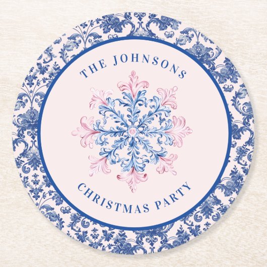 Rosa & blaue Schneeflocke W/ Damaskus Border Runder Pappuntersetzer (Vorderseite)