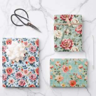 Rosa Blaue Shabby Chic Florale Vintage Aquarell Geschenkpapier Set