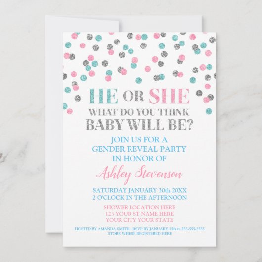 Rosa blaue Silber Konfetti Gender Reveal Dusche Einladung (Rückseite)