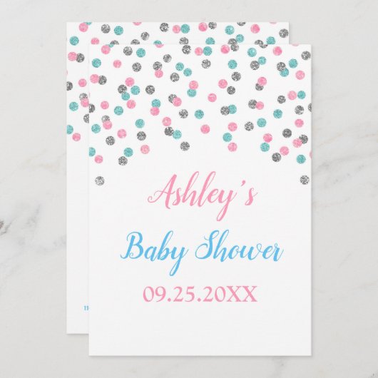 Rosa blaue Silber Konfetti Gender Reveal Dusche Einladung (Vorne/Hinten)