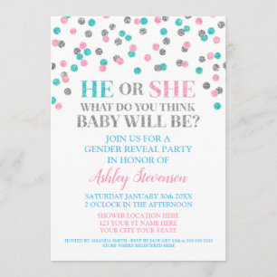 Rosa blaue Silber Konfetti Gender Reveal Dusche Einladung