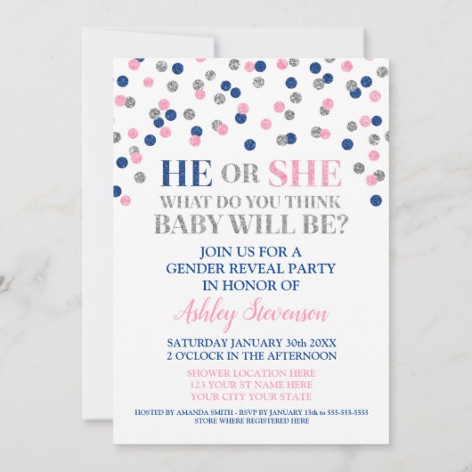 Rosa blaue Silber Konfetti Gender Reveal Dusche Einladung (Rückseite)