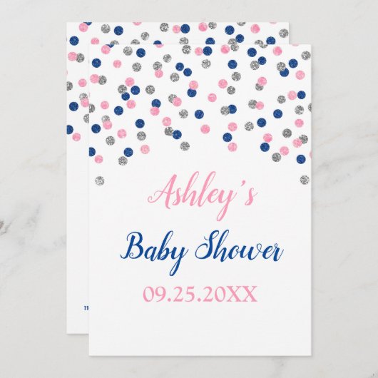 Rosa blaue Silber Konfetti Gender Reveal Dusche Einladung (Vorne/Hinten)