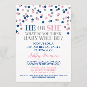 Rosa blaue Silber Konfetti Gender Reveal Dusche Einladung