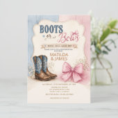 Rosa blaue Stiefel oder Schleifen Geschlechtsenthü Einladung (Stehend Vorderseite)
