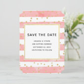 Rosa blaue Streifen mit goldener Confetti-Hochzeit Save The Date (Stehend Vorderseite)