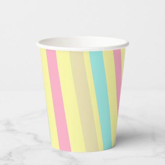 Rosa, blaue und braune Streifen auf Gelb Pappbecher (Rückseite)