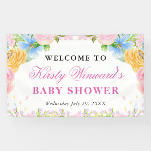 Rosa, blaue und gelbe Sommerblumen-Baby-Party Banner