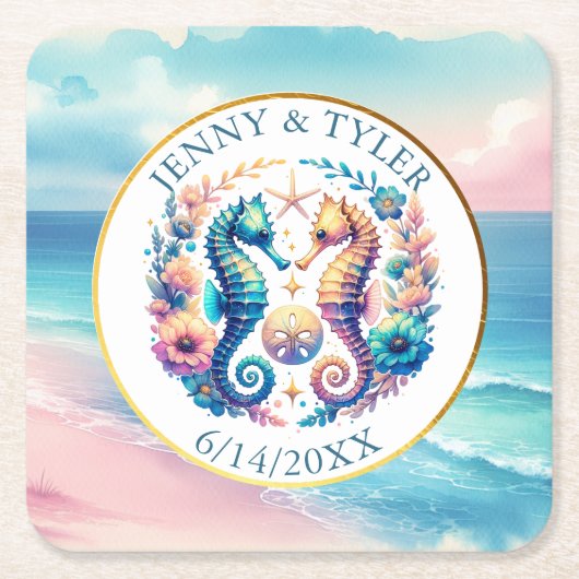 Rosa, blaue und goldene Küste Seepferd Strand Rechteckiger Pappuntersetzer (Vorderseite)
